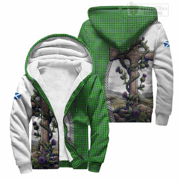 Currie Tartan Sherpa Hoodie with Family Crest and St. Andrew's Cross Accented by Thistle Vines Unisex S - Tartan Vibes Clothing