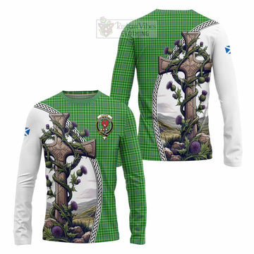 Currie Tartan Long Sleeve T-Shirt with Family Crest and St. Andrew's Cross Accented by Thistle Vines Unisex - Tartan Vibes Clothing