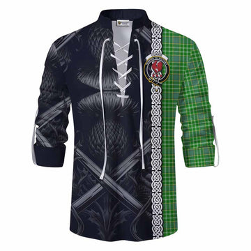 Currie Tartan Ghillie Kilt Shirt with Family Crest Cross Sword Thistle Celtic Vibes Men - Tartan Vibes Clothing