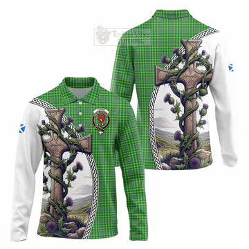 Currie Tartan Long Sleeve Polo Shirt with Family Crest and St. Andrew's Cross Accented by Thistle Vines Unisex - Tartan Vibes Clothing