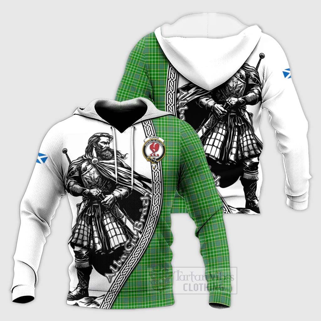 Currie Tartan Clan Crest Knitted Hoodie with Highlander Warrior Celtic Style Unisex Knitted Pullover Hoodie - Tartan Vibes Clothing
