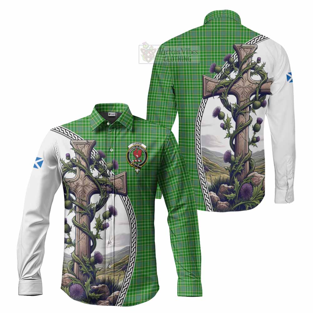 Currie Tartan Long Sleeve Button Shirt with Family Crest and St. Andrew's Cross Accented by Thistle Vines Men's Shirt S - Tartan Vibes Clothing