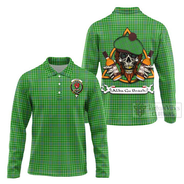 Currie Tartan Long Sleeve Polo Shirt with Family Crest and Bearded Skull Holding Bottles of Whiskey Unisex - Tartan Vibes Clothing