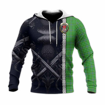 Currie Tartan Knitted Hoodie with Family Crest Cross Sword Thistle Celtic Vibes Unisex Knitted Pullover Hoodie - Tartan Vibes Clothing