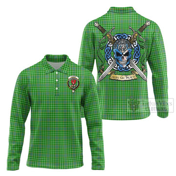 Currie Tartan Long Sleeve Polo Shirt with Family Crest Celtic Skull Style Unisex - Tartan Vibes Clothing