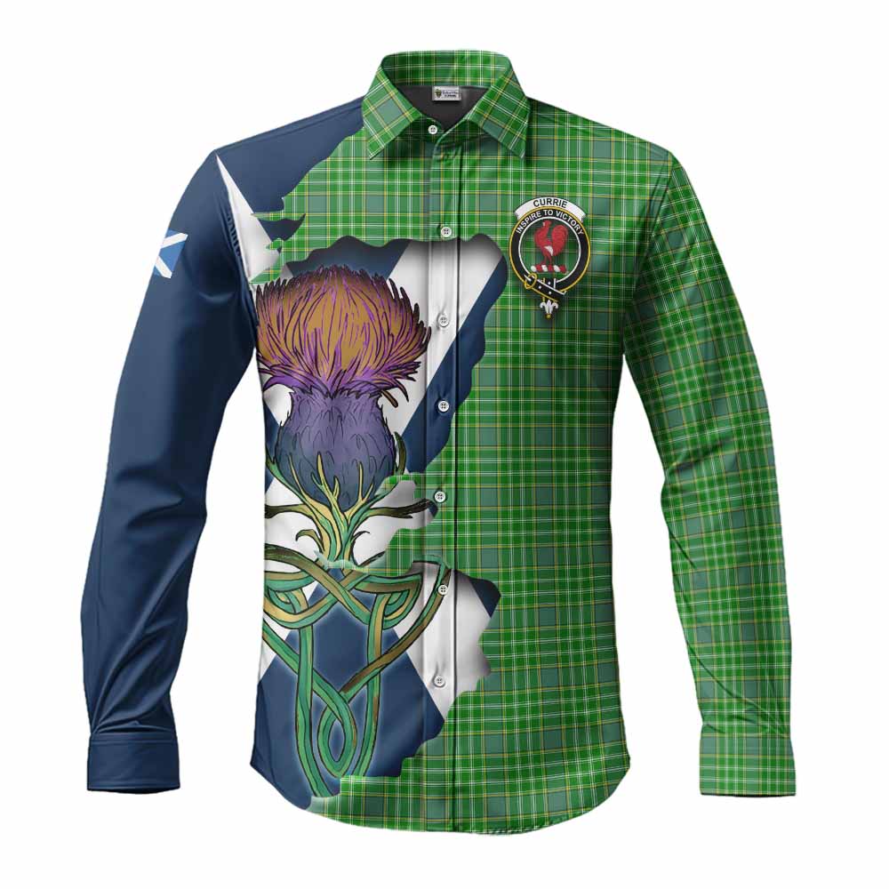 Tartan Vibes Clothing Currie Tartan Family Crest Long Sleeve Button Shirt Scottish Thistle Celtic Inspired