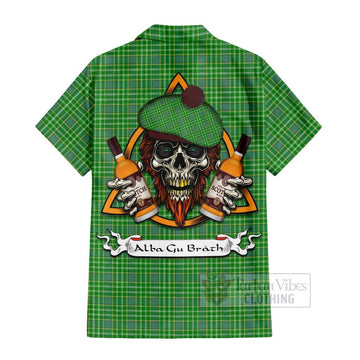Currie Tartan Hawaiian Shirt with Family Crest and Bearded Skull Holding Bottles of Whiskey - Tartan Vibes Clothing