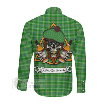 Currie Tartan Long Sleeve Button Shirt with Family Crest and Bearded Skull Holding Bottles of Whiskey Men's Shirt - Tartan Vibes Clothing