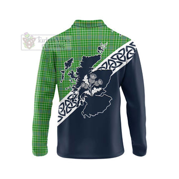 Currie Tartan Long Sleeve Polo Shirt Featuring Thistle and Scotland Map - Tartan Vibes Clothing
