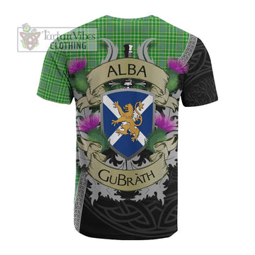 Currie Tartan Family Crest Cotton T-shirt Lion Rampant Royal Thistle Shield Celtic Inspired