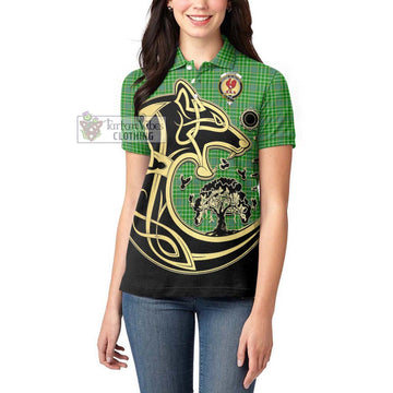 Currie Tartan Women's Polo Shirt with Family Crest Celtic Wolf Style - Tartan Vibes Clothing