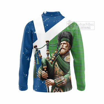 Currie Tartan Long Sleeve Polo Shirt with Family Crest Scottish Bagpiper Vibes - Tartan Vibes Clothing