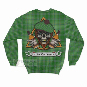 Currie Tartan Sweatshirt with Family Crest and Bearded Skull Holding Bottles of Whiskey - Tartan Vibes Clothing
