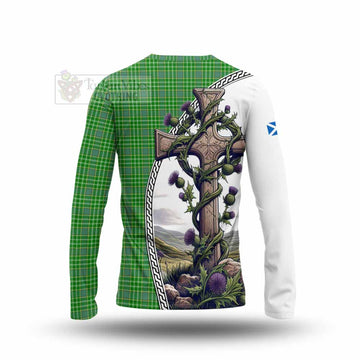 Currie Tartan Long Sleeve T-Shirt with Family Crest and St. Andrew's Cross Accented by Thistle Vines - Tartan Vibes Clothing