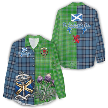 Currie Tartan Women's Casual Shirt Happy St. Andrew's Day Half Tartan Style - Tartan Vibes Clothing