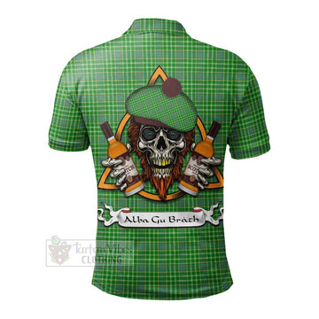 Currie Tartan Polo Shirt with Family Crest and Bearded Skull Holding Bottles of Whiskey - Tartan Vibes Clothing