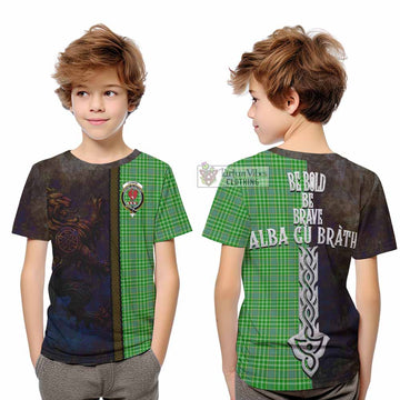 Tartan Vibes Clothing Currie Tartan Family Crest Kid T-Shirt Alba Gu Brath Be Brave Lion Ancient Style