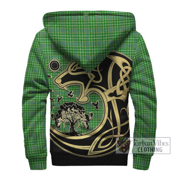 Currie Tartan Sherpa Hoodie with Family Crest Celtic Wolf Style - Tartan Vibes Clothing