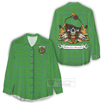 Currie Tartan Women's Casual Shirt with Family Crest and Bearded Skull Holding Bottles of Whiskey - Tartan Vibes Clothing