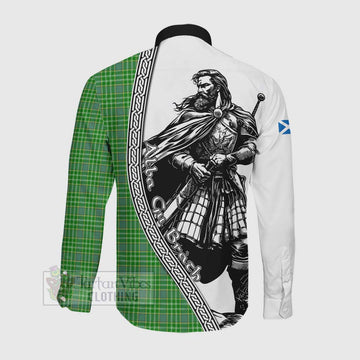Currie Tartan Clan Crest Long Sleeve Button Shirt with Highlander Warrior Celtic Style Men's Shirt - Tartan Vibes Clothing