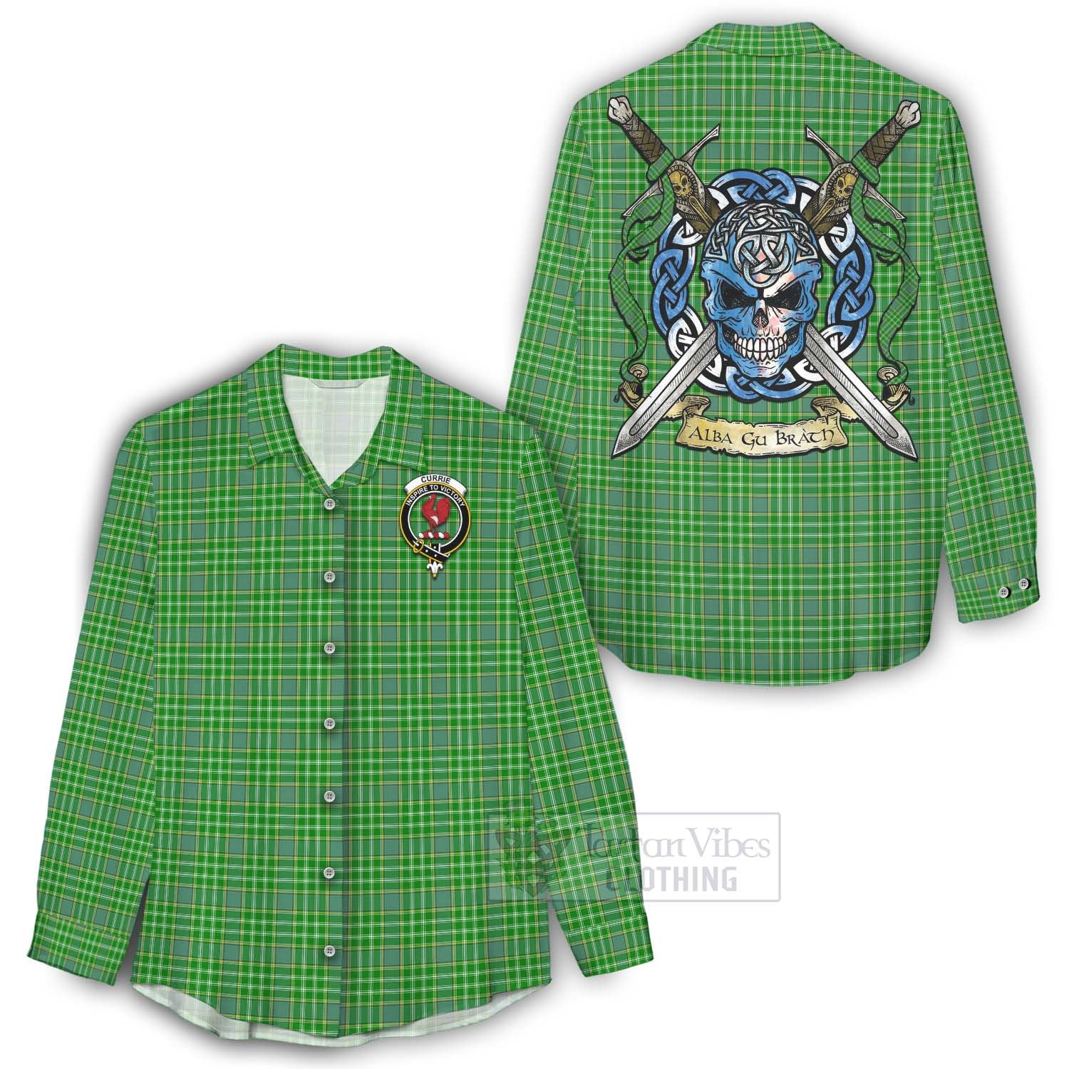 Currie Tartan Women's Casual Shirt with Family Crest Celtic Skull Style - Tartan Vibes Clothing