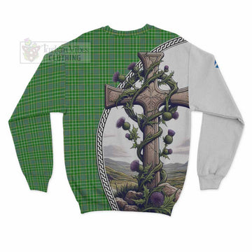 Currie Tartan Sweatshirt with Family Crest and St. Andrew's Cross Accented by Thistle Vines - Tartan Vibes Clothing