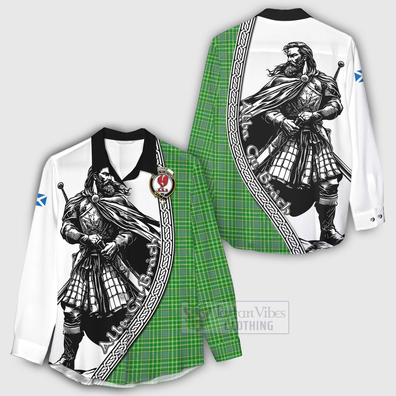 Currie Tartan Clan Crest Women's Casual Shirt with Highlander Warrior Celtic Style - Tartan Vibes Clothing