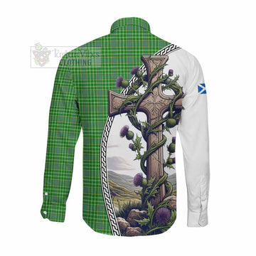 Currie Tartan Long Sleeve Button Shirt with Family Crest and St. Andrew's Cross Accented by Thistle Vines Men's Shirt - Tartan Vibes Clothing