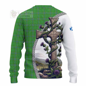 Currie Tartan Knitted Sweater with Family Crest and St. Andrew's Cross Accented by Thistle Vines - Tartan Vibes Clothing