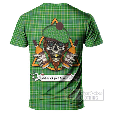 Currie Tartan T-Shirt with Family Crest and Bearded Skull Holding Bottles of Whiskey