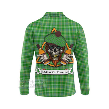 Currie Tartan Long Sleeve Polo Shirt with Family Crest and Bearded Skull Holding Bottles of Whiskey - Tartan Vibes Clothing