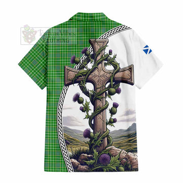 Currie Tartan Hawaiian Shirt with Family Crest and St. Andrew's Cross Accented by Thistle Vines - Tartan Vibes Clothing