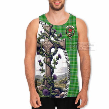 Currie Tartan Men's Tank Top with Family Crest and St. Andrew's Cross Accented by Thistle Vines - Tartan Vibes Clothing
