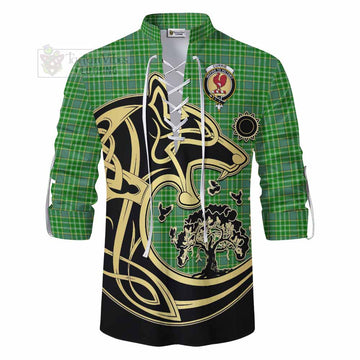 Currie Tartan Ghillie Kilt Shirt with Family Crest Celtic Wolf Style - Tartan Vibes Clothing