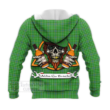 Currie Tartan Knitted Hoodie with Family Crest and Bearded Skull Holding Bottles of Whiskey - Tartan Vibes Clothing