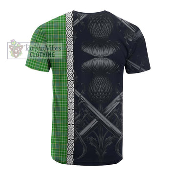 Currie Tartan Cotton T-shirt with Family Crest Cross Sword Thistle Celtic Vibes