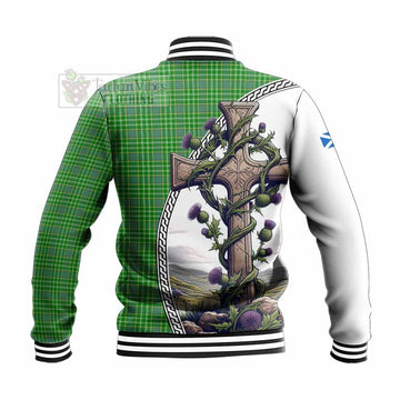 Currie Tartan Baseball Jacket with Family Crest and St. Andrew's Cross Accented by Thistle Vines - Tartan Vibes Clothing