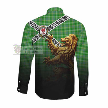 Currie Crest Tartan Long Sleeve Button Shirt with Golden Lion Emblem Celtic Style Men's Shirt - Tartan Vibes Clothing