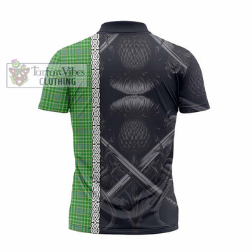 Currie Tartan Zipper Polo Shirt with Family Crest Cross Sword Thistle Celtic Vibes