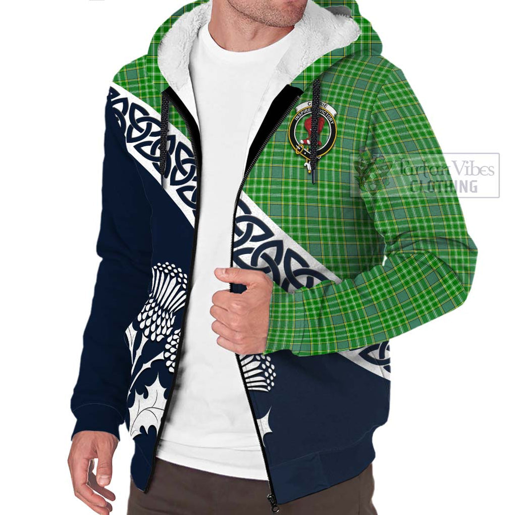 Currie Tartan Sherpa Hoodie Featuring Thistle and Scotland Map - Tartan Vibes Clothing