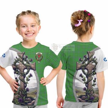 Currie Tartan Kid T-Shirt with Family Crest and St. Andrew's Cross Accented by Thistle Vines - Tartan Vibes Clothing