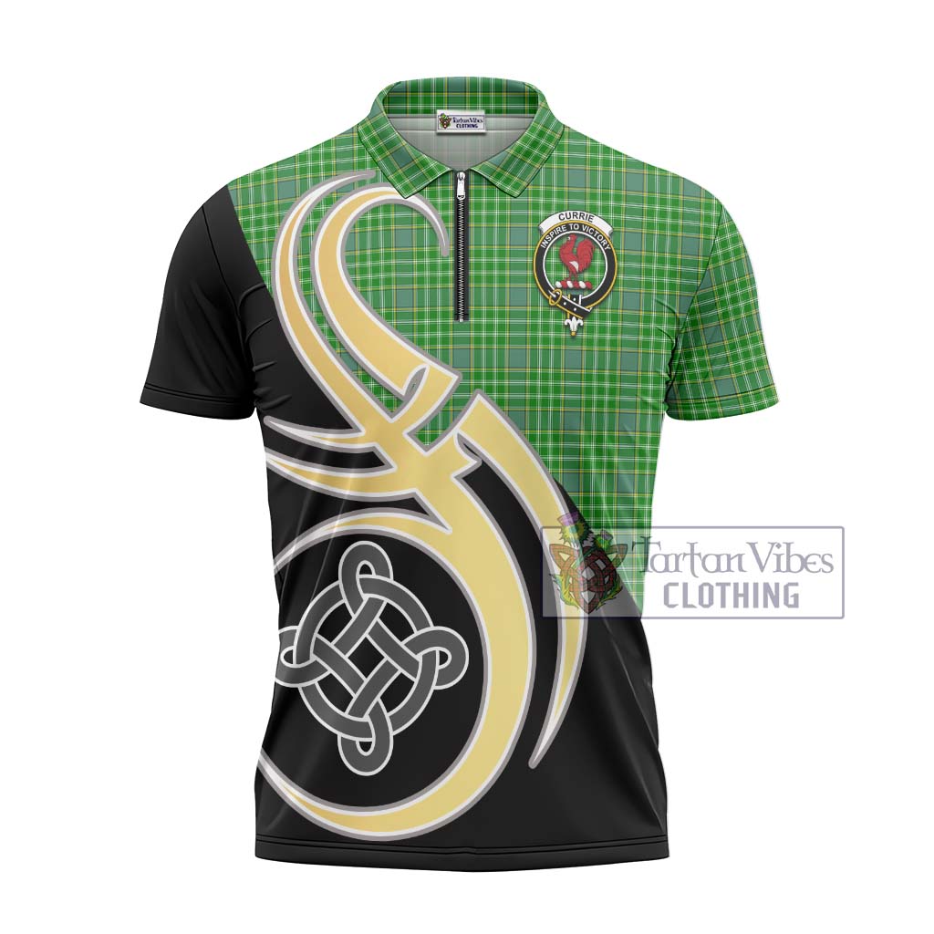 Tartan Vibes Clothing Currie Tartan Zipper Polo Shirt with Family Crest and Celtic Symbol Style