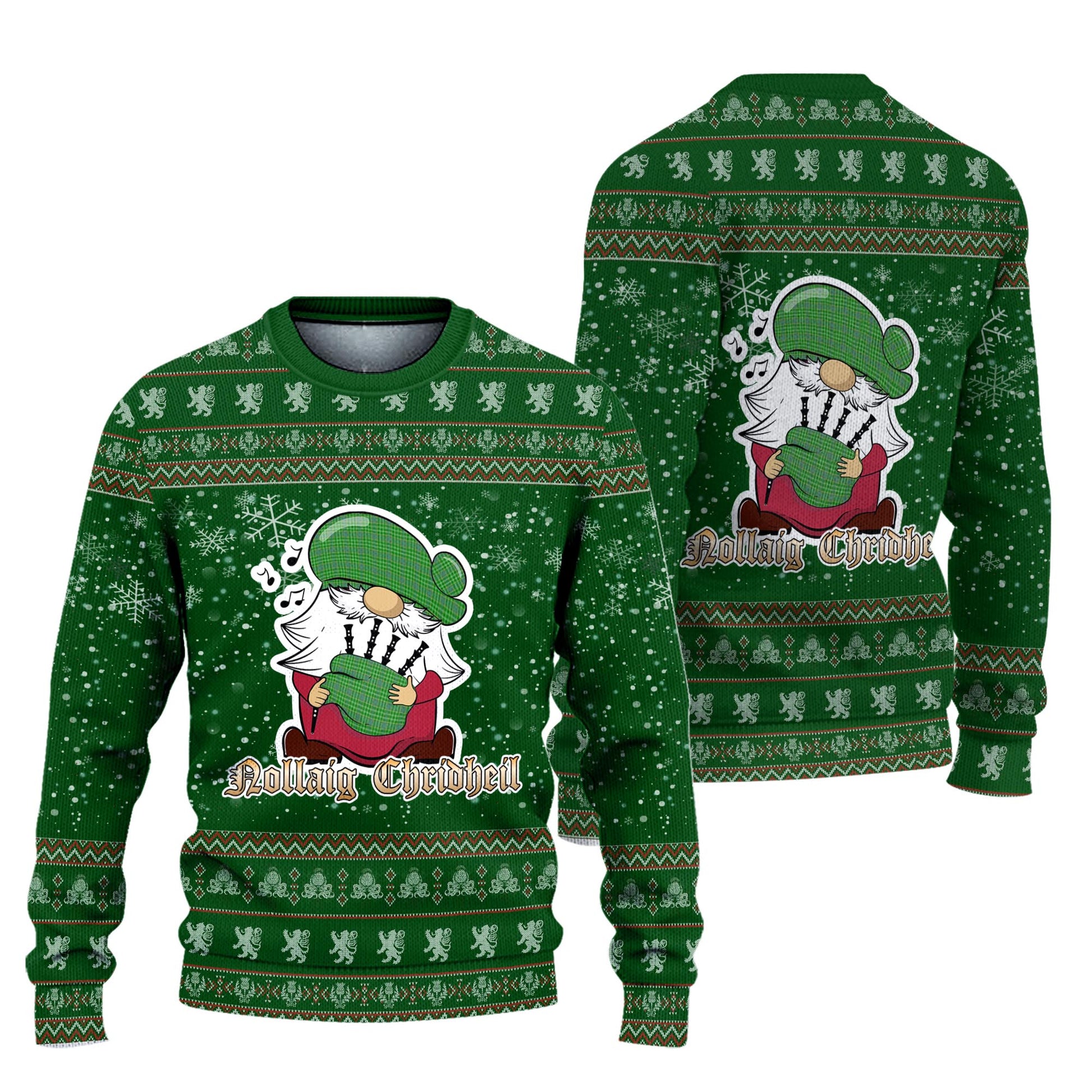 Currie Clan Christmas Family Knitted Sweater with Funny Gnome Playing Bagpipes Unisex Green - Tartanvibesclothing