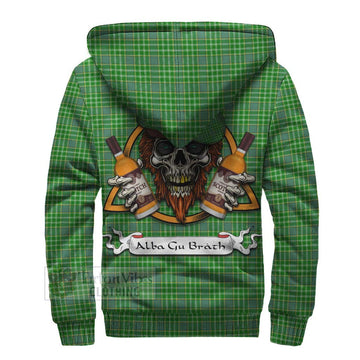 Currie Tartan Sherpa Hoodie with Family Crest and Bearded Skull Holding Bottles of Whiskey - Tartan Vibes Clothing