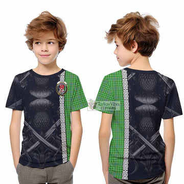 Currie Tartan Kid T-Shirt with Family Crest Cross Sword Thistle Celtic Vibes - Tartan Vibes Clothing