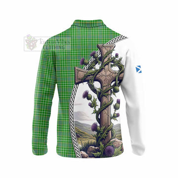 Currie Tartan Long Sleeve Polo Shirt with Family Crest and St. Andrew's Cross Accented by Thistle Vines - Tartan Vibes Clothing