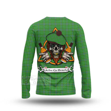 Currie Tartan Long Sleeve T-Shirt with Family Crest and Bearded Skull Holding Bottles of Whiskey - Tartan Vibes Clothing