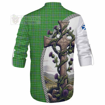 Currie Tartan Ghillie Kilt Shirt with Family Crest and St. Andrew's Cross Accented by Thistle Vines - Tartan Vibes Clothing