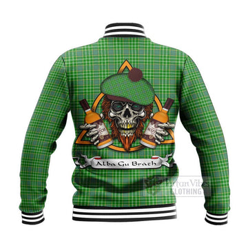 Currie Tartan Baseball Jacket with Family Crest and Bearded Skull Holding Bottles of Whiskey - Tartan Vibes Clothing