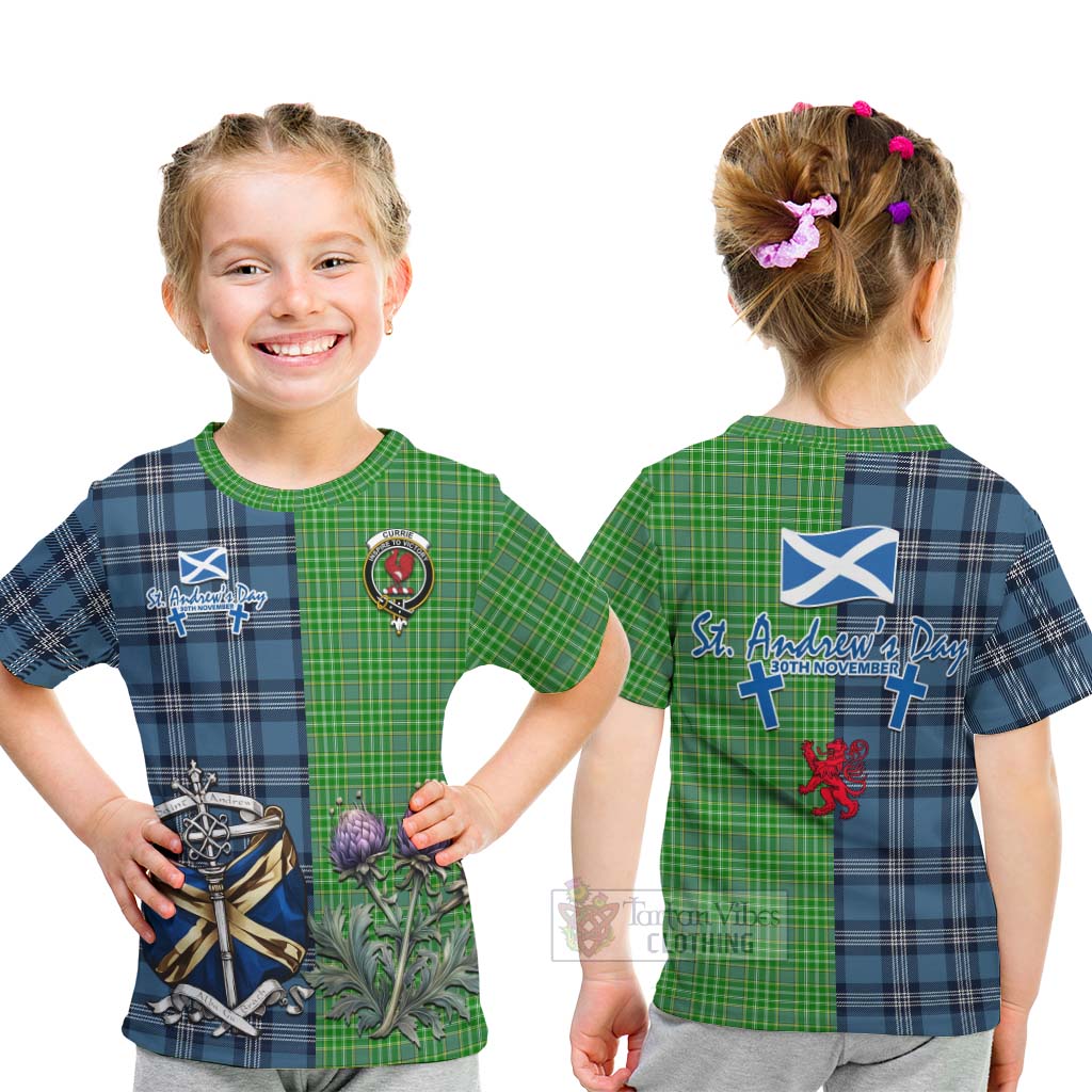 Currie Tartan Kid T-Shirt Happy St. Andrew's Day Half Tartan Style - Tartan Vibes Clothing